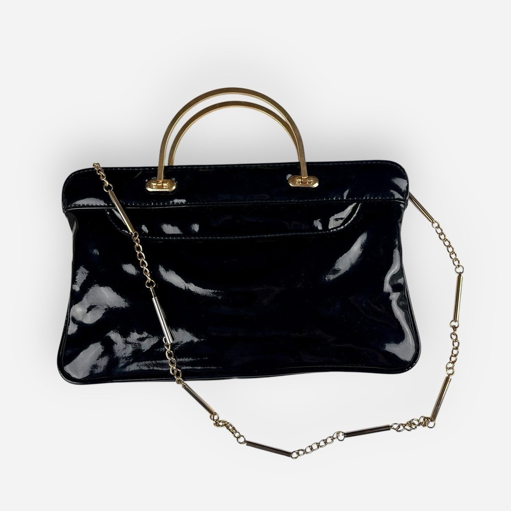 Vintage 50s Stylecraft Miami Black‎ Patent Leather Bag Clutch Gold Metal Handles